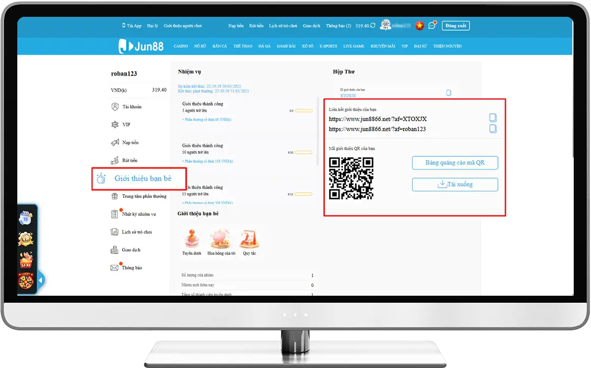 Bước 2: Chọn "Giới thiệu bạn bè" sau đó sao chép link hoặc tải mã QR gửi cho bạn bè đăng ký